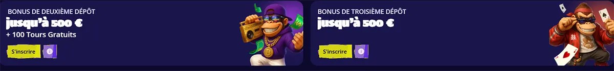 French casino bonus banners for the second and third deposit offers, each up to €500, with sign-up buttons, free spins text, and cartoon monkey characters on a dark background.
