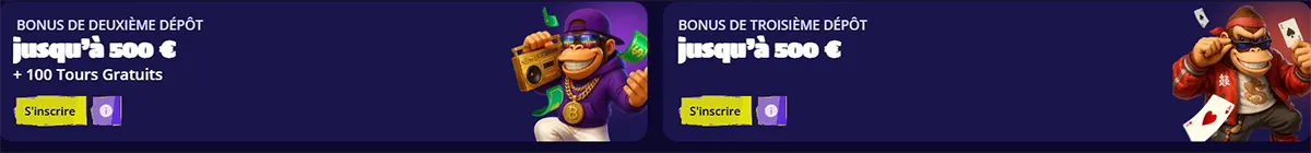 French casino bonus banners for the second and third deposit offers, each up to €500, with sign-up buttons, free spins text, and cartoon monkey characters on a dark background.