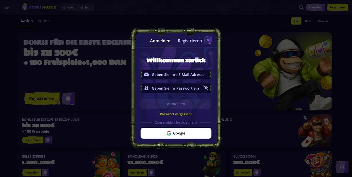 German casino login popup with email and password fields, Google sign-in option, and a “Willkommen zurück” welcome message displayed over a dark bonus page background.