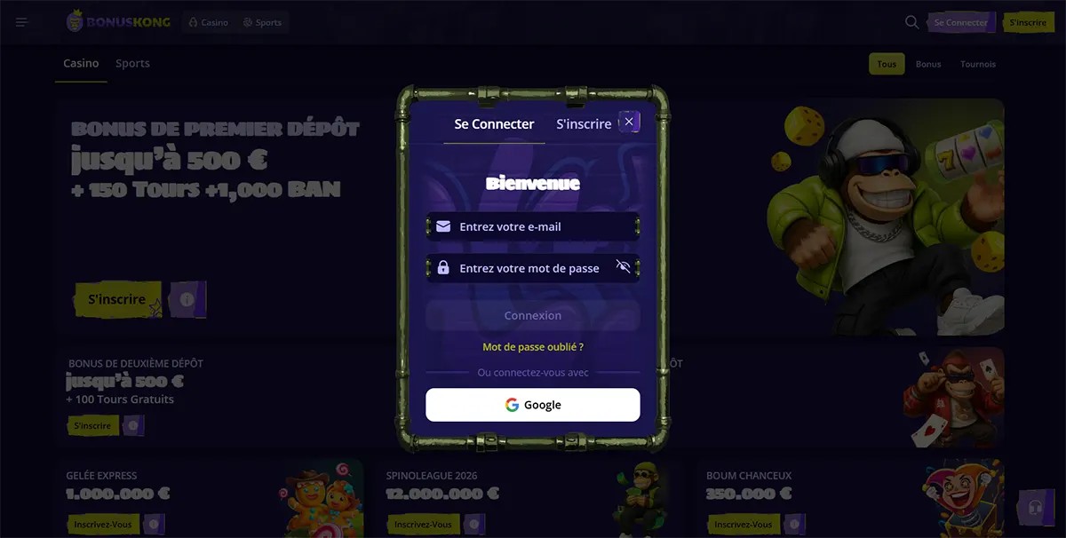 French casino login popup with email and password fields, Google sign-in option, and a welcome message displayed over a dark bonus page background.