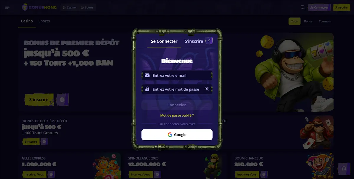 French casino login popup with email and password fields, Google sign-in option, and a welcome message displayed over a dark bonus page background.